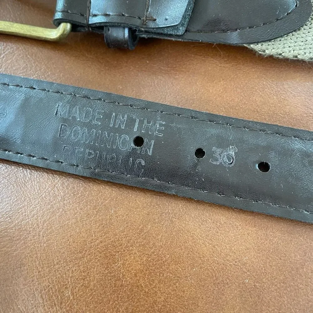Vintage Khaki Tan Cotton Web Belt Dark Brown Faux Leather Gold Tone 36